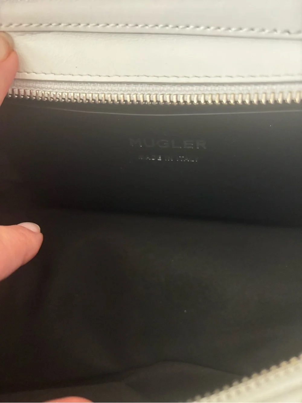 Mugler White Crescent Shoulder Bag with Textured Logo